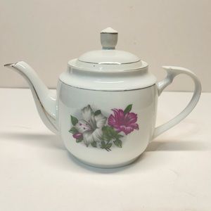 Vtg Floral White Tea Pot W/Lid Porcelain